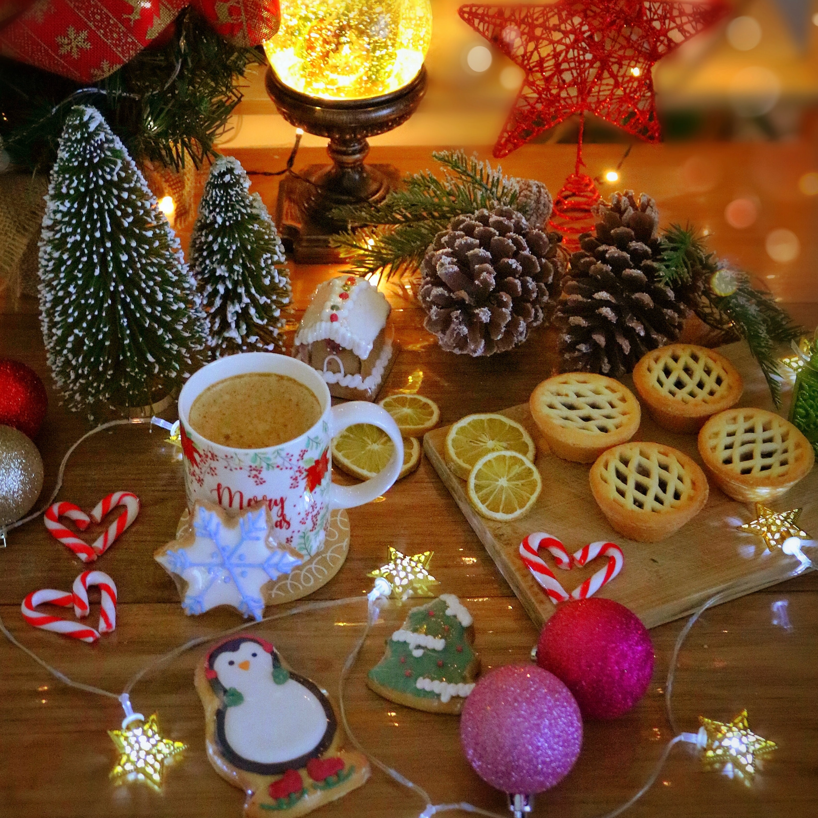 Mince pies, hot chocolate and Christmas decorations