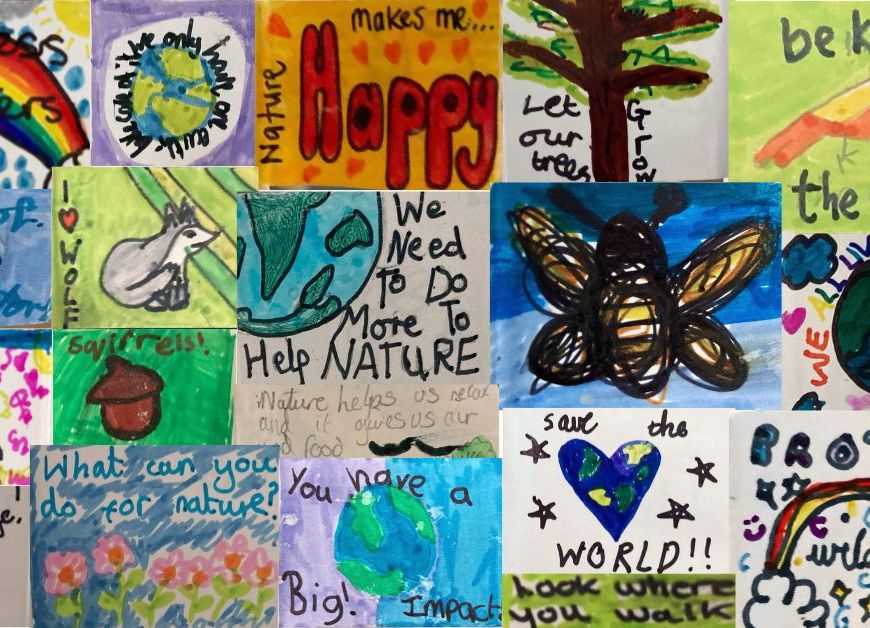 Mosaic of multi-coloured flags created by children with messages about the importance of nature